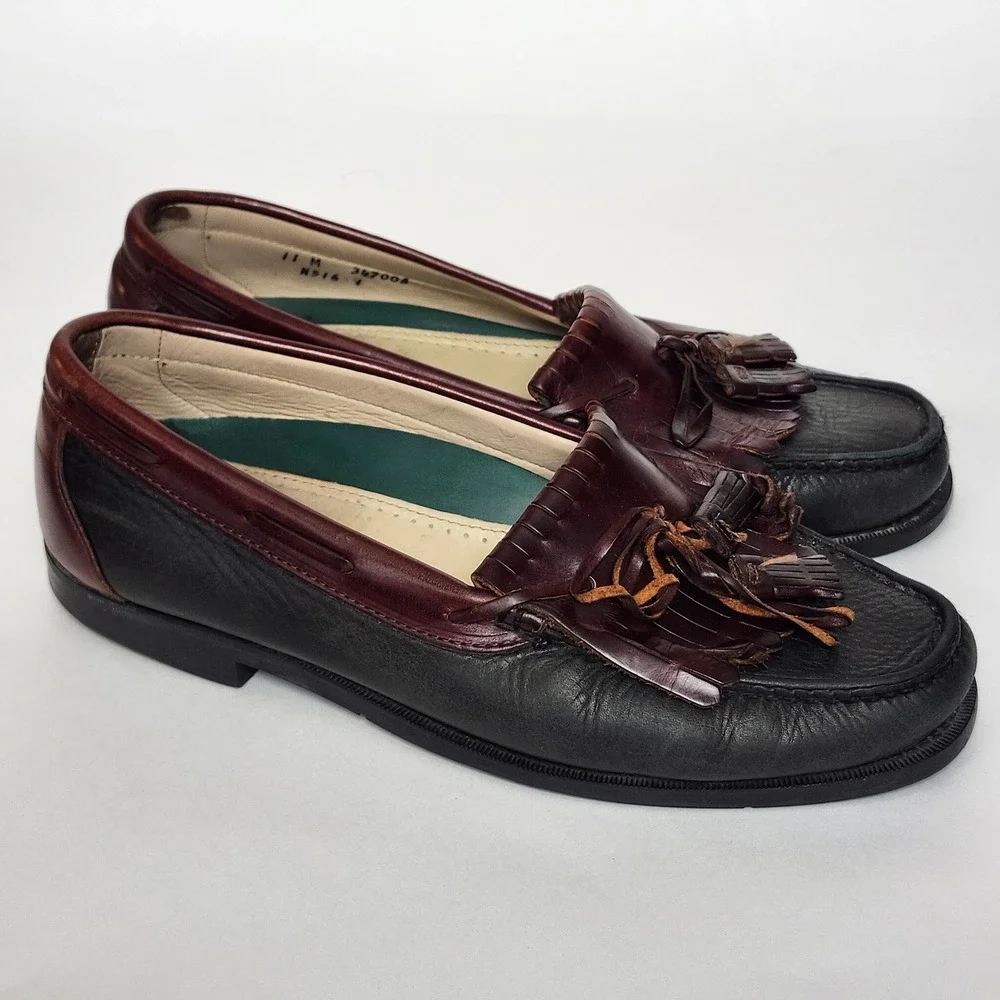 Vintage Dexter Two Tone Kiltie Tassel Loafers Oxblood Green Leather USA 11M